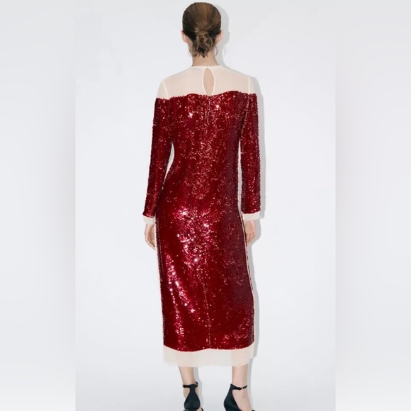 Zara ZW collection red sequin chiffon dress, Christmas party, holiday, New Years - Picture 7 of 16